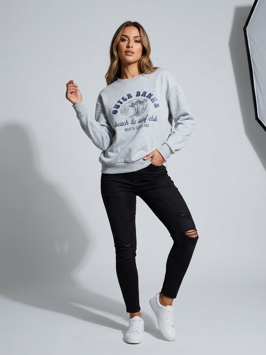 Sweaters - Casual Grey Graphic Crewneck Sweatshirt - Women's